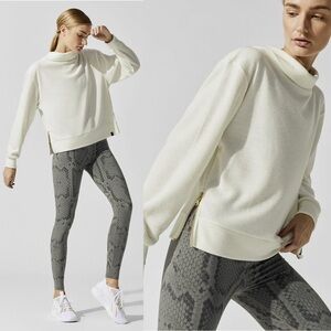 Varley Huntly Side Gold Zip Cowl Neck Ottoman Ribbed Sweater Small in Ivory